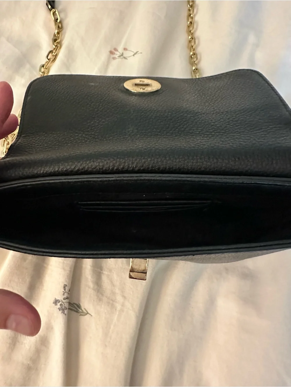 Black Tory Burch Leather Crossbody with Gold Chain and Logo Accent
